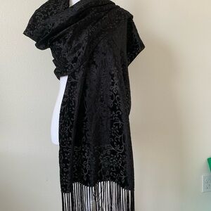 Elegant Black Velvet Shawl with Fringe